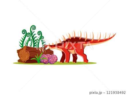 Cartoon Kentrosaurus dinosaur character with eggs. Extinct dinosaur vector personage, paleontology lizard or prehistoric animal happy isolated mascot. Jurassic era Kentrosaurus reptile funny character Cartoon Kentrosaurus dinosaur character with eggs. Extinct dinosaur vector personage, paleontology lizard or prehistoric animal happy isolated mascot. Jurassic era Kentrosaurus reptile funny character 121938492