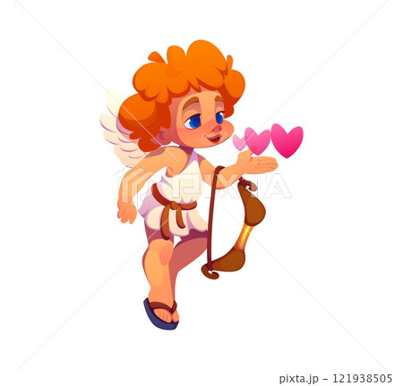 Cupid angel character with Valentine Day pink hearts. Vector love holiday, marriage and wedding personage. Little Cupid, Cherub or Eros baby angel character with archer bow sending love hearts by air Cupid angel character with Valentine Day pink hearts. Vector love holiday, marriage and wedding personage. Little Cupid, Cherub or Eros baby angel character with archer bow sending love hearts by air 121938505