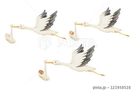 Cute stork with newborn baby. Watercolor cartoon illustration isolated on white 121938528