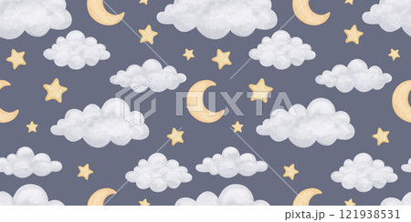 Seamless watercolor pattern with cute moon, star and clouds. Night sky, hand drawn illustration on dark blue repeat background Seamless watercolor pattern with cute moon, star and clouds. Night sky, hand drawn illustration on dark blue repeat background 121938531