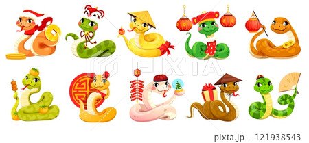 cartoon 2025 Chinese lunar year snakes characters. New Year Chinese calendar animals personages, isolated vector snake cute characters in holiday costumes, holding gift, fireworks, fan and lantern cartoon 2025 Chinese lunar year snakes characters. New Year Chinese calendar animals personages, isolated vector snake cute characters in holiday costumes, holding gift, fireworks, fan and lantern 121938543