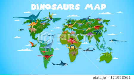 World map with prehistoric dinosaur animals and reptiles. Vector dinos of Africa, Asia, Europe, Australia and America continents. Cartoon ankylosaurus, iguanodon and allosaurus dinosaurs world map 121938561