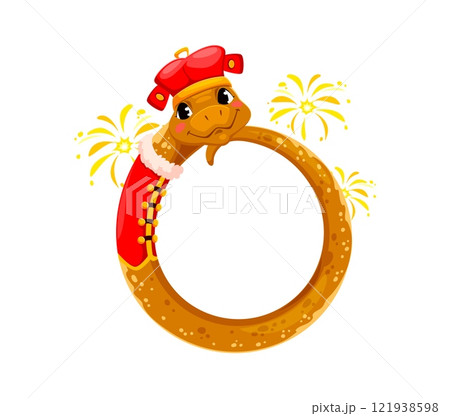Asian horoscope cartoon snake character round frame with Chinese New Year holiday fireworks. Lunar calendar zodiac snake ring vector personage wearing Chinese New Year holiday red costume and hat 121938598