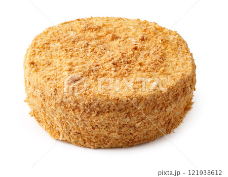 Savory round cheese wheel coated in crunchy crumbs set against a plain white background Savory round cheese wheel coated in crunchy crumbs set against a plain white background 121938612