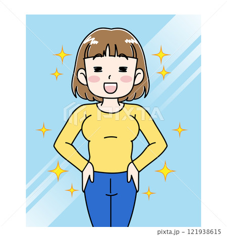 鏡の前で痩せた自分に自信を持つ女性のイラスト 121938615