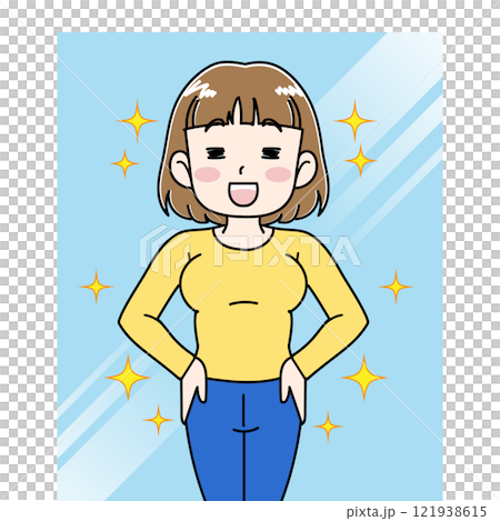 鏡の前で痩せた自分に自信を持つ女性のイラスト 121938615