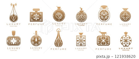 Luxury perfume fragrance icons. Vector golden bottles and glass spray flasks with line pattern of elegant flowers, victorian flourishes and abstract geometric shapes. Luxury perfume store emblems set Luxury perfume fragrance icons. Vector golden bottles and glass spray flasks with line pattern of elegant flowers, victorian flourishes and abstract geometric shapes. Luxury perfume store emblems set 121938620