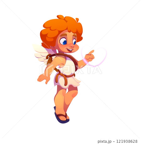 Cartoon cute Cupid or Cherub baby angel character drawing love heart with finger in air. Cupid with angel wings and bow vector personage of Valentine Day romantic love holiday, wedding and marriage Cartoon cute Cupid or Cherub baby angel character drawing love heart with finger in air. Cupid with angel wings and bow vector personage of Valentine Day romantic love holiday, wedding and marriage 121938628