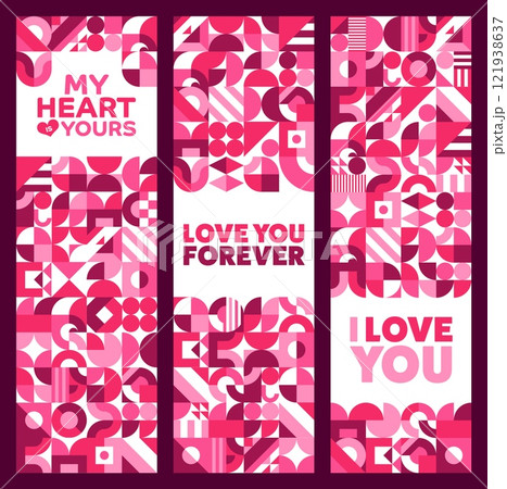 Valentine day holiday banners with geometric shapes and love quotes, vector pink red hearts. Valentine day greeting quotes of I love You Forever and My Heart Is Yours on abstract geometric love shapes Valentine day holiday banners with geometric shapes and love quotes, vector pink red hearts. Valentine day greeting quotes of I love You Forever and My Heart Is Yours on abstract geometric love shapes 121938637