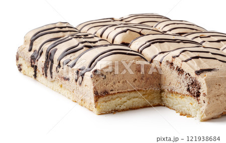 Delicious layered dessert with cream and chocolate drizzle garnishing, perfect for any celebration or gathering Delicious layered dessert with cream and chocolate drizzle garnishing, perfect for any celebration or gathering 121938684