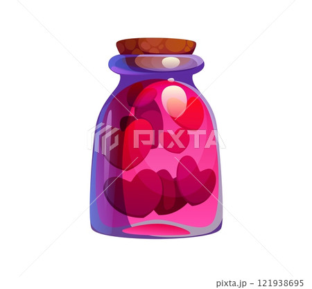 Love potion bottle of Valentine holiday vector symbol. Cartoon glass bottle of pink liquid with red hearts and cork. Valentine Day love potion, magic drink, perfume or elixir in old apothecary jar Love potion bottle of Valentine holiday vector symbol. Cartoon glass bottle of pink liquid with red hearts and cork. Valentine Day love potion, magic drink, perfume or elixir in old apothecary jar 121938695