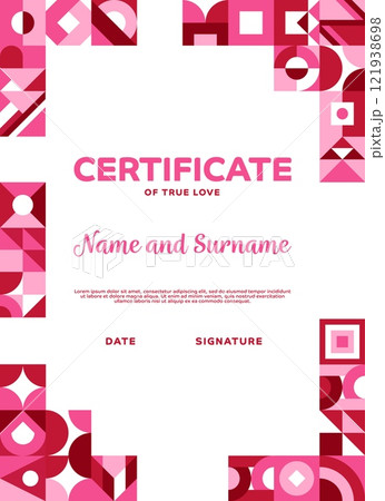 Valentine day certificate of true love with geometric shapes in hearts frame, vector template. Valentine, wedding or engagement certificate diploma for bride and groom with abstract geometric elements 121938698