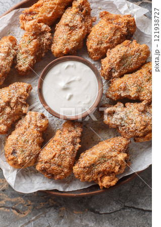 Korean Bburinkle Chicken is a crispy fried chicken with a cheesy, onion, and garlic coating closeup on the plate. Vertical top view Korean Bburinkle Chicken is a crispy fried chicken with a cheesy, onion, and garlic coating closeup on the plate. Vertical top view 121938727