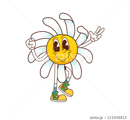 Retro cartoon groovy daisy chamomile flower character with funky face, vector emoji smile. Groovy daisy flower with hippie peace sign gesture and funny smiling for psychedelic retro cartoon character 121938813