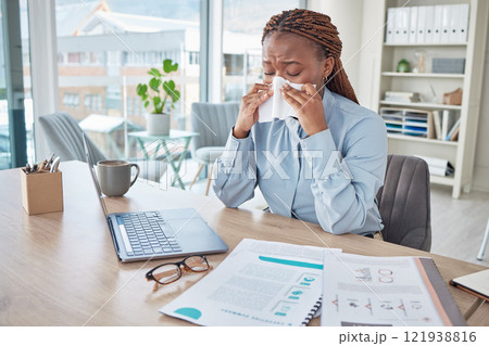 Flu, sick or cold person blowing nose, sneezing with tissue and ill while working in office at work. Professional, corporate and black female business woman suffering from allergies, virus or disease Flu, sick or cold person blowing nose, sneezing with tissue and ill while working in office at work. Professional, corporate and black female business woman suffering from allergies, virus or disease 121938816