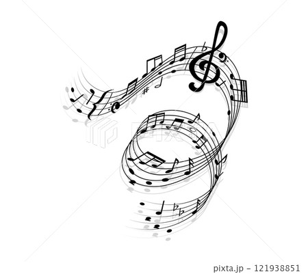 Song wave with music notes and clef symbols. Audio record music notes swirl background. Classic music or orchestra melody harmony spiral wave isolated vector vintage backdrop with clef sign 121938851