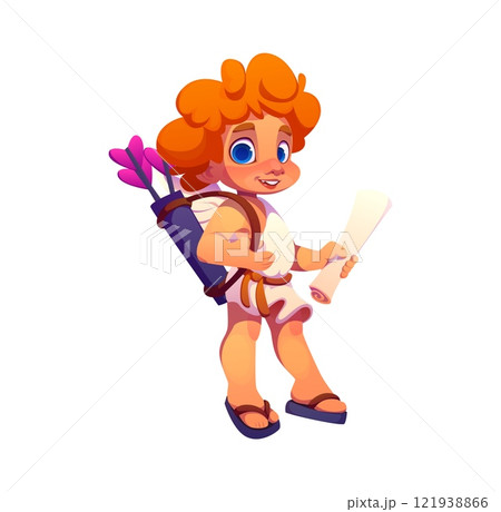 Cartoon Cupid or Cherub character with arrows and love letter, vector Valentine Day holiday, wedding marriage. Cute Cupid baby angel or Eros love god with vintage quiver of heart arrows and scroll Cartoon Cupid or Cherub character with arrows and love letter, vector Valentine Day holiday, wedding marriage. Cute Cupid baby angel or Eros love god with vintage quiver of heart arrows and scroll 121938866