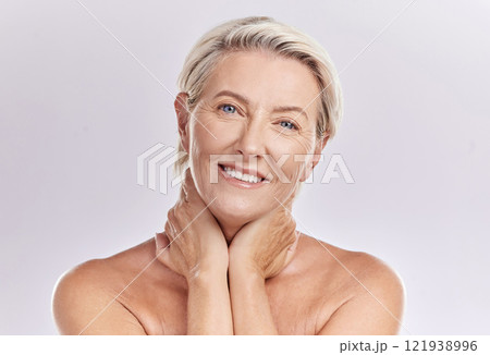 Skincare, smile and mature happy woman in beauty, face and health in a studio background. Portrait of an elderly model lady in wellness, health and cosmetics with beautiful teeth, skin and eyes. Skincare, smile and mature happy woman in beauty, face and health in a studio background. Portrait of an elderly model lady in wellness, health and cosmetics with beautiful teeth, skin and eyes. 121938996