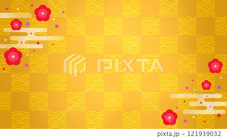 和柄　梅の花　市松模様と青海波　16:9 121939032