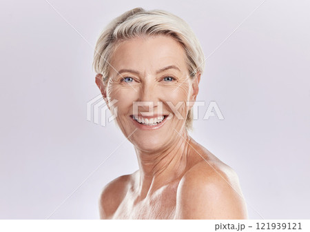 Skincare of senior woman in a beauty face portrait for hygiene, body care and cosmetic treatment on studio background. Happy anti aging senior model with big smile for wrinkle free skin care routine Skincare of senior woman in a beauty face portrait for hygiene, body care and cosmetic treatment on studio background. Happy anti aging senior model with big smile for wrinkle free skin care routine 121939121