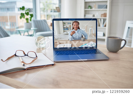 Laptop video conference, zoom call and online meeting in lockdown, quarantine and social distancing. Training, education or presentation with talking business woman in office for webinar or education 121939260