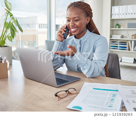 Businesswoman talking on phone call and browsing a laptop in an office. Female assistant smiling, discussing and networking with client while planning and scheduling appointments at a startup company Businesswoman talking on phone call and browsing a laptop in an office. Female assistant smiling, discussing and networking with client while planning and scheduling appointments at a startup company 121939263