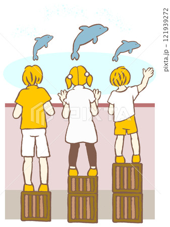 合理的配慮・公正　個に合わせた支援により全員がイルカのショーを見ることができたイラスト　シンプル 121939272