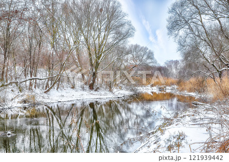 Excellent landscape in city park with snowy trees and beautiful frozen river. Excellent landscape in city park with snowy trees and beautiful frozen river. 121939442