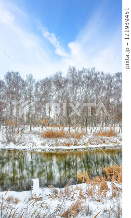 Brilliant landscape in city park with snowy trees and beautiful frozen river. Brilliant landscape in city park with snowy trees and beautiful frozen river. 121939451