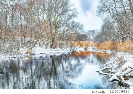 Outstanding landscape in city park with snowy trees and beautiful frozen river. Outstanding landscape in city park with snowy trees and beautiful frozen river. 121939453