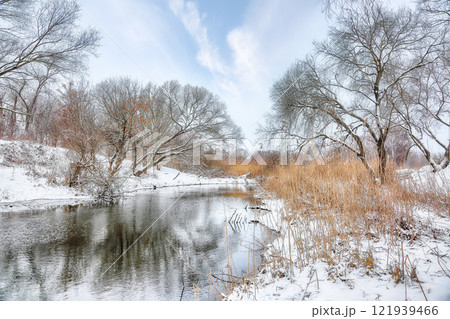 Excellent landscape in city park with snowy trees and beautiful frozen river. 121939466