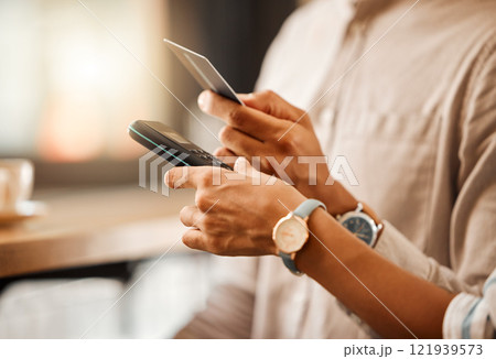 Hands paying with credit card and machine at shop, buying a product at cafe and making contactless payment at restaurant. Customer making nfc purchase, getting help from worker and waiter for service 121939573