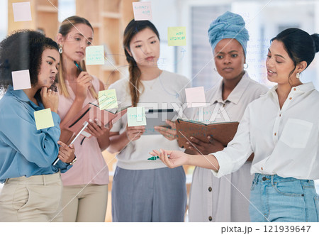 Female planning, strategy and project management with sticky notes or training in informal business collaboration meeting, discussion or idea sharing. Multicultural women working or organizing Female planning, strategy and project management with sticky notes or training in informal business collaboration meeting, discussion or idea sharing. Multicultural women working or organizing 121939647