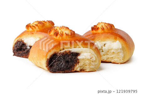 Delicious pastries with a sweet filling on a white background showcase their tempting appearance and rich texture Delicious pastries with a sweet filling on a white background showcase their tempting appearance and rich texture 121939795