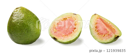 Set of ripe guava fruit, half and slice on white background. Isolated Set of ripe guava fruit, half and slice on white background. Isolated 121939835