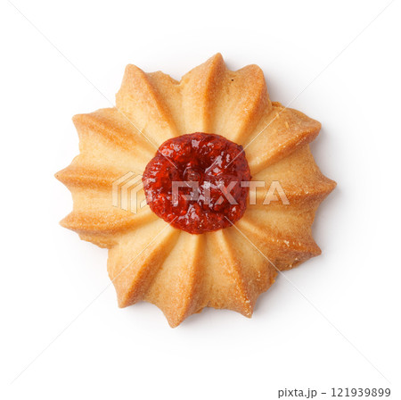 Delicious flower-shaped butter cookie topped with raspberry jam served on a white background Delicious flower-shaped butter cookie topped with raspberry jam served on a white background 121939899