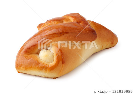 Freshly baked sweet roll shaped like a fish on a clean surface ready to be enjoyed 121939989