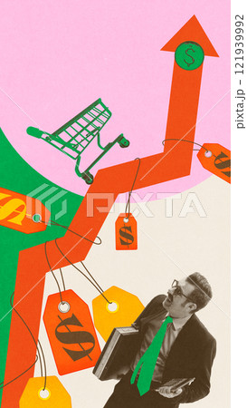 Businessman under rising price tags and shopping cart, depicting inflation and increasing consumer prices. Conceptual creative design. Businessman under rising price tags and shopping cart, depicting inflation and increasing consumer prices. Conceptual creative design. 121939992