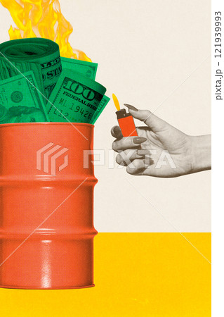 Hand with lighter and rolled dollar bills in barrel on fire, symbolizing financial loss and inflation. Conceptual creative design. Hand with lighter and rolled dollar bills in barrel on fire, symbolizing financial loss and inflation. Conceptual creative design. 121939993