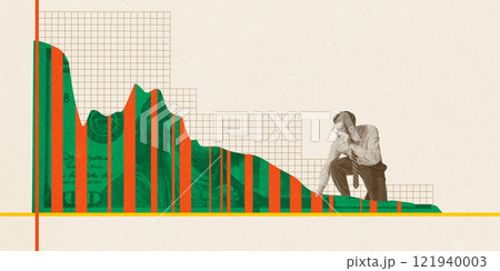 Man observing declining economic chart, symbolizing financial crisis and market downfall. Conceptual creative design. 121940003