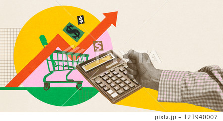 Shopping cart, calculator, and upward economic trends symbolizing the increasing cost of living and consumer spending. Conceptual creative design. Shopping cart, calculator, and upward economic trends symbolizing the increasing cost of living and consumer spending. Conceptual creative design. 121940007