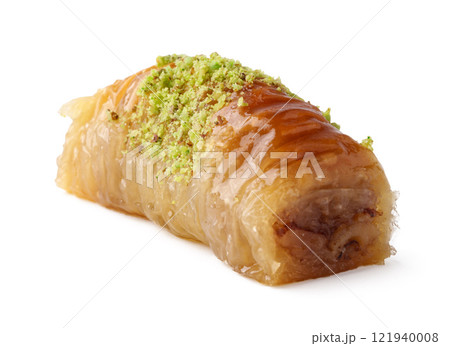 Delicious dessert featuring baklava with pistachio topping, highlighting traditional Turkish flavors Delicious dessert featuring baklava with pistachio topping, highlighting traditional Turkish flavors 121940008