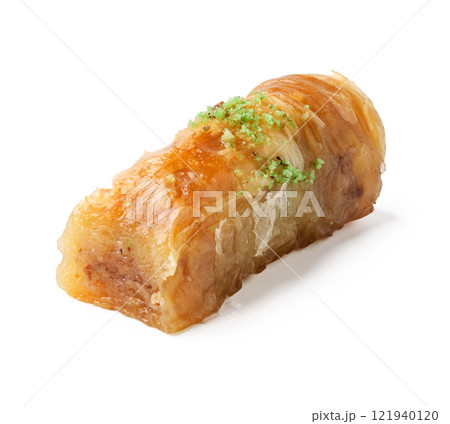 Delicious baklava dessert featuring layers of pastry, nuts, and honey on a clean white background 121940120