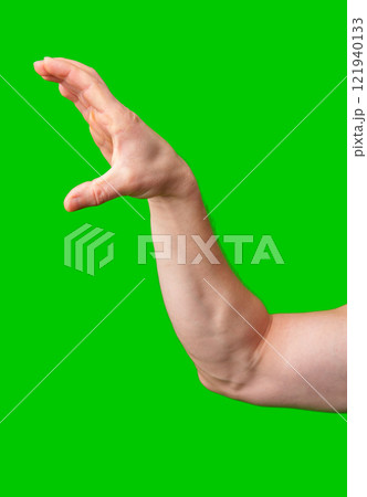 Hand raised against a vibrant green background Hand raised against a vibrant green background 121940133