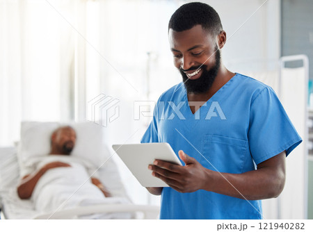 Smiling surgeon reading email about patient health and insurance plan in a hospital. Discovery, innovation and medical breakthrough with happy black doctor reading digital tablet, getting good news. 121940282