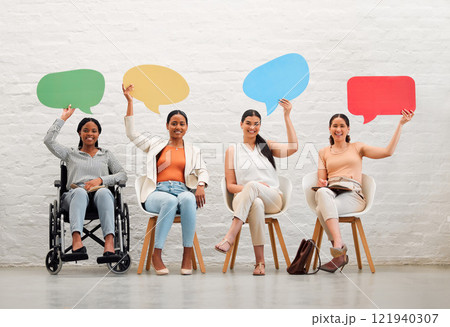 Social media, copy space and sign with a team of business women sitting in line and holding speech bubble for text or talking. Portrait of females advertising and marketing with blank and empty board Social media, copy space and sign with a team of business women sitting in line and holding speech bubble for text or talking. Portrait of females advertising and marketing with blank and empty board 121940307