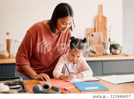 Mother teaching daughter, doing homework at kitchen table at home, bonding while learning together. Loving parent helping her child with a school project or task. Autistic child enjoying homeschool 121940457