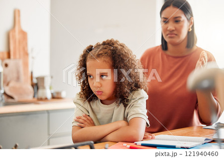 Unhappy, moody and angry little girl standing with arms crossed and looking upset while ignoring her mom. Upset, naughty and problem daughter or child and her angry or disappointed mother at home 121940460