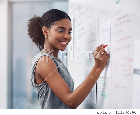 Female leader, manager or boss giving a presentation, seminar or workshop during a meeting in the boardroom. Young business woman writing on a whiteboard while teaching a class in a corporate office 121940560
