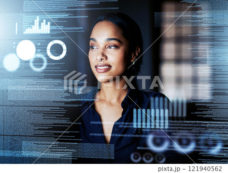Digital, analytics and business of a woman working with big data, logistics and UX at the office at night. Futuristic, leader and designer in digital transformation at work with future technology. 121940562